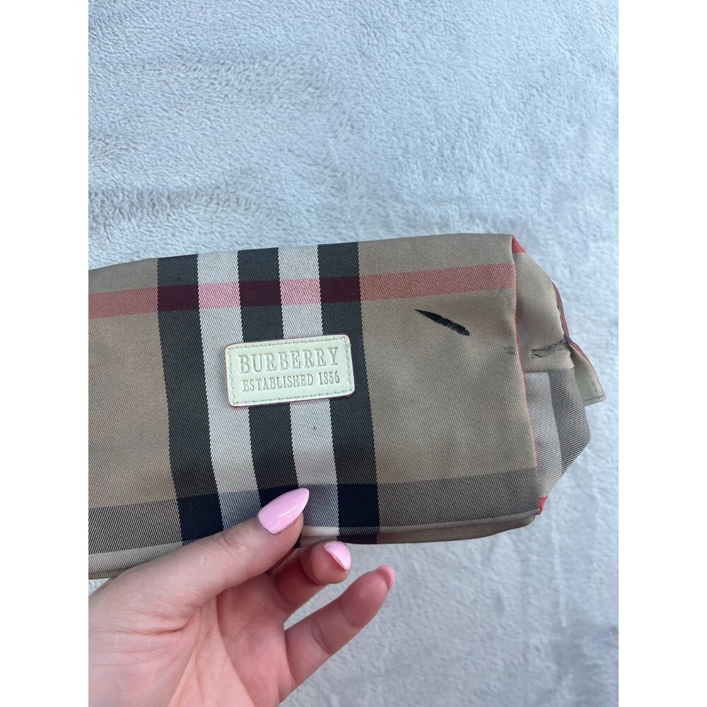 Burberry Tan Plaid Cosmetic Pouch Logo Makeup Bag Beige Zip Travel Case